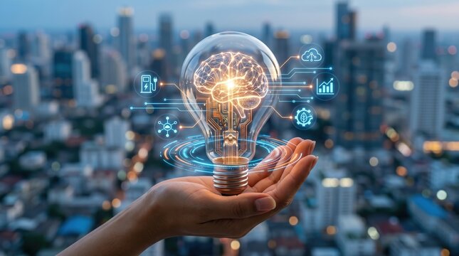 Hand holding a lightbulb containing a glowing brain and circuit patterns, surrounded by innovation icons over a city skyline, representing artificial intelligence, smart ideas, ...