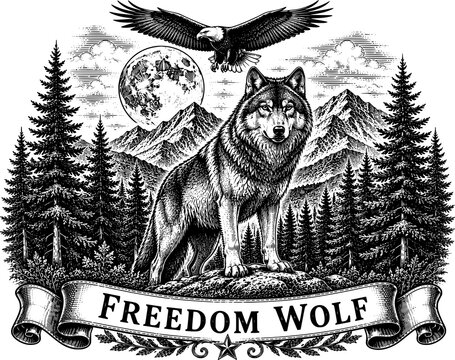 Patriotic Wolf Hugging Cross with American Flag, Hand Drawn Black and White Engraving Illustration