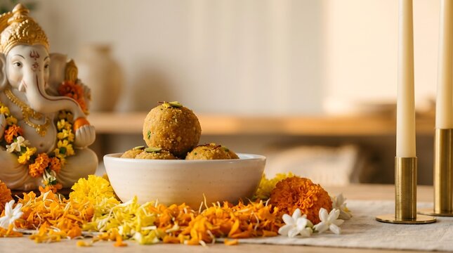 Close up of motichoor laddu sweets in white bowl with Lord Ganesha idol and marigold flowers in background