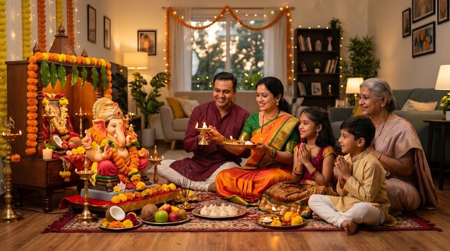 Multi generational Indian family performing puja prayer together in front of decorated Ganesha altar at home