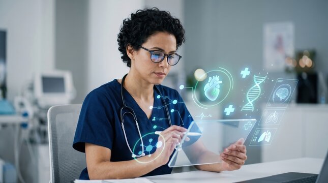 Female scientist or doctor analyzing futuristic holographic medical data interface with DNA heart brain icons on transparent screen in laboratory, advanced biotechnology researc...