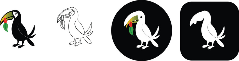 Fototapeta premium Four toucan bird featuring a toucan holding a leaf, shown in solid black, line and white silhouette styles in shapes