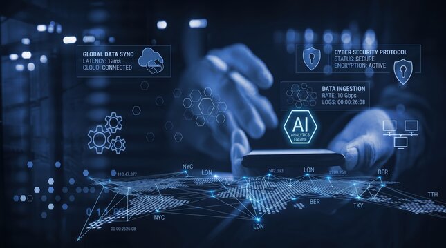 Hands interacting with futuristic AI analytics engine interface showing global data sync, cyber security protocol, and encrypted logs over world map network visualization in dar...