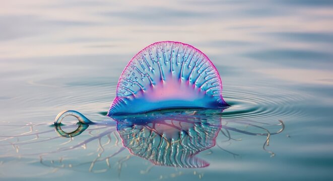 Brightly Colored Portuguese Manowar Floating on the Ocean Surface