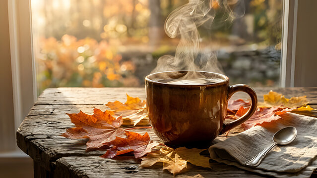 Warm cup of coffee with steam on wooden table decorated with autumn leaves near window beverage seasonal relaxing lifestyle decoration september november