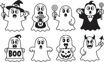 Fototapeta premium Adorable Halloween Ghost Characters in Various Costumes and Poses, Black and White.