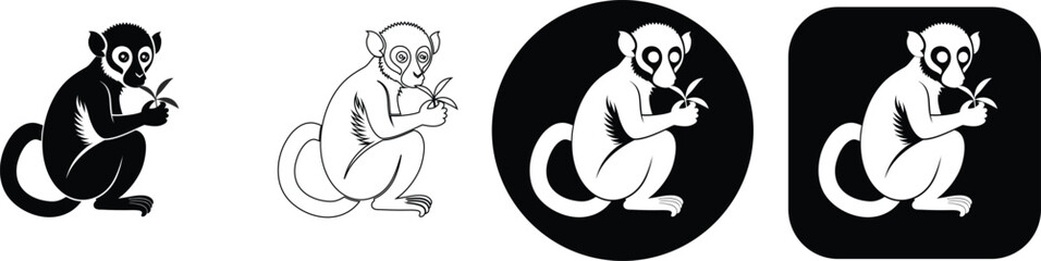 Set of four lemur featuring a sitting lemur holding leaves in solid black, outline, and circular or square frame variations © SilhouetteStore
