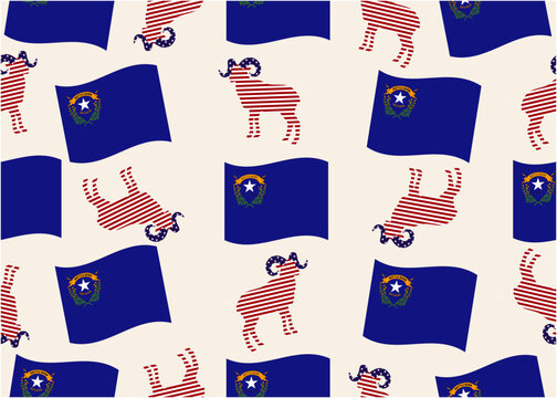 Nevada state flag and patriotic bighorn sheep seamless pattern vector
