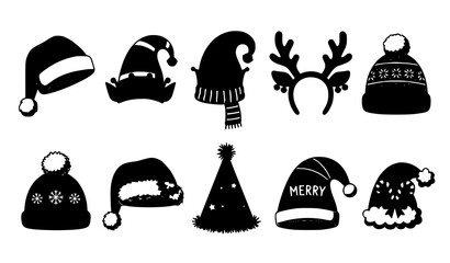 Cartoon Christmas costume hat collection with Santa elf reindeer winter caps and festive holiday accessory icons © Surjo