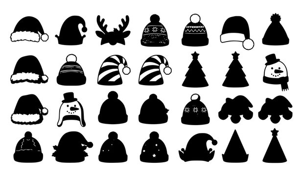 Festive Christmas headwear collection with Santa hats elf caps reindeer antlers and holiday costume vector illustrations