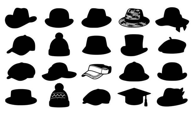 Cartoon hat vector collection with cowboy derby Panama straw cap and vintage male female fashion headwear icons