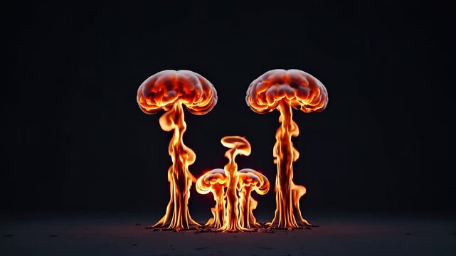 Three sequential frames of colorful mushroom clouds rising from the ground, showcasing the dynamic flow of smoke and flames against a dark background