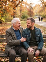 Obraz premium Elderly father and adult son sitting together on park bench during beautiful autumn season sharing warm moments of love connection family support and conversation.