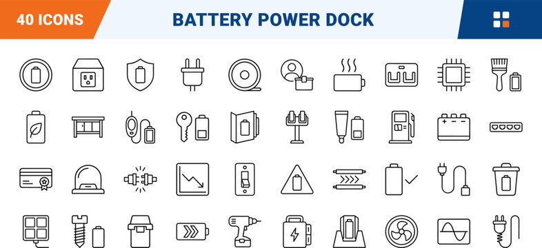 Cordless drill battery charging station line icon set. Vector pictograms of power, tool, dock, and lithium elements, thin linear illustration.
