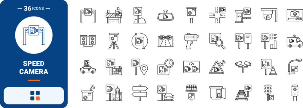 Traffic speed camera warning line icon set. Vector pictograms of radar, enforcement, road, and safety elements, thin linear illustration.