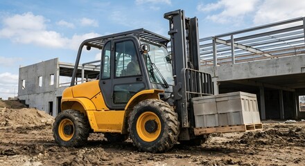 Fototapeta premium Rough Terrain Forklift Carrying Concrete Blocks at Construction Site