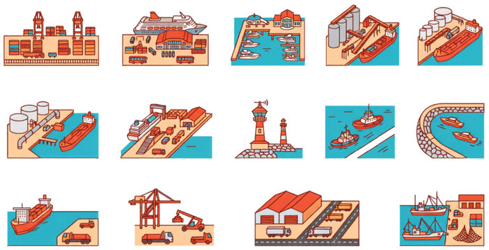 Harbor operations and port infrastructure collection featuring cargo docks shipping facilities industrial terminals and coastal services vector illustration