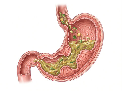 Stomach cross-section illustrates the digestive process of breaking down food particles into chyme for nutrient absorption.