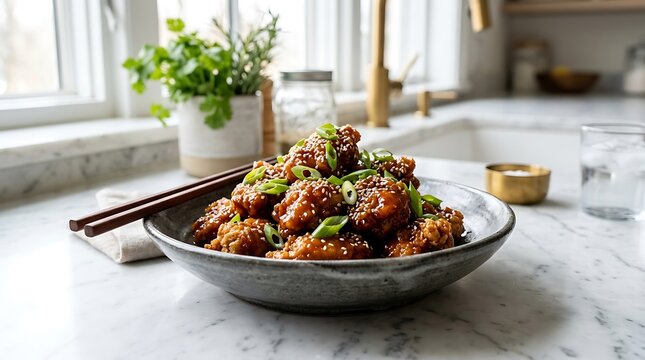 Delicious stir fried beef with green onions and sesame seeds in a ceramic bowl on a kitchen counter. general tso chicken 