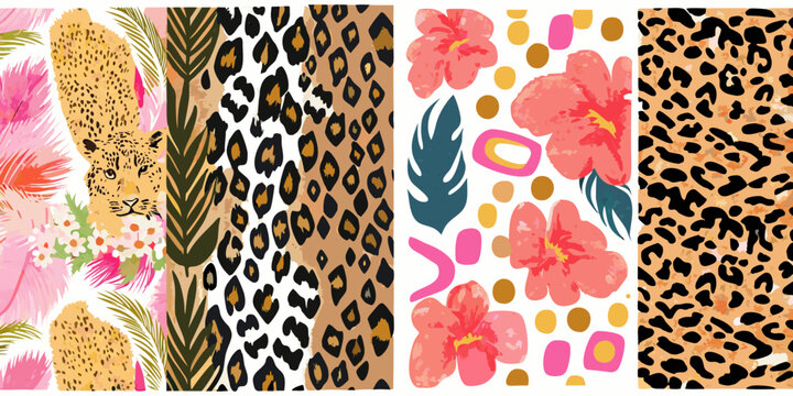 Leopard print and floral pattern collection vibrant vector illustration