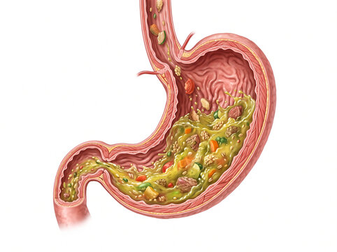 Stomach cross-section shows the process of food digestion within the human digestive system after a nutritious meal.