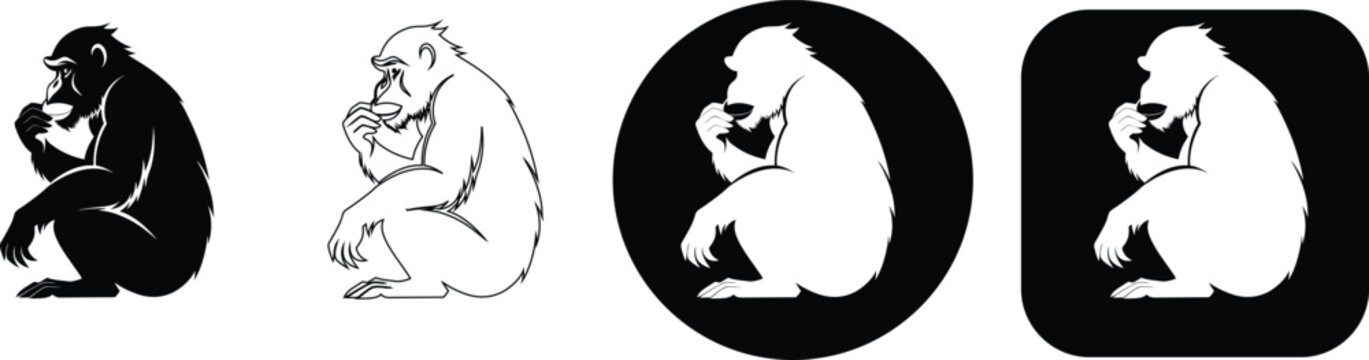 Four black and white depicting a chimpanzee or monkey sitting and thinking, isolated on a white background, for use