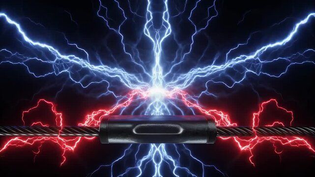 Cinematic 3D animation showing a wide panoramic view of a metal conductor being hit by a mas