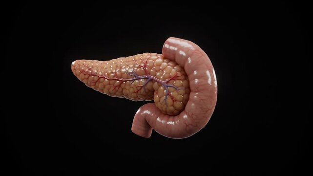 3d model of human pancreas and duodenum rotating against black