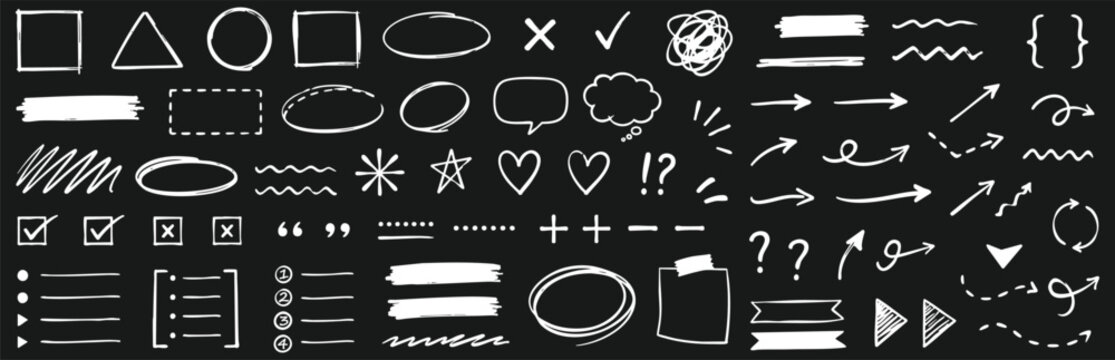 Hand drawn doodle elements set, chalk style arrows, frames, speech bubbles, check marks and shapes on black background