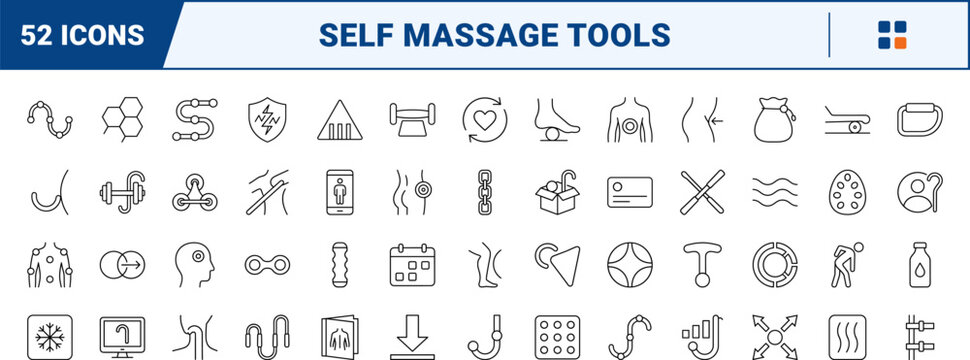 Myofascial release muscle recovery cane line icon set. Vector pictograms of trigger, point, massage, and self elements, thin linear illustration.