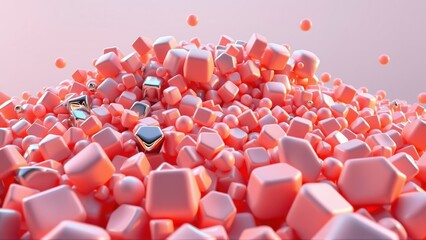 Obraz premium Pink cubes fill space. Metallic objects scattered within. Soft lighting creates gentle shadows, smooth texture. Minimalist composition.