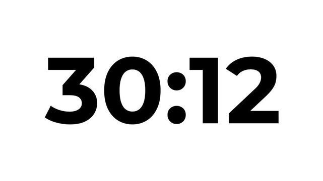 Countdown timer animation of 33 minutes on transparent background with alpha channels,
