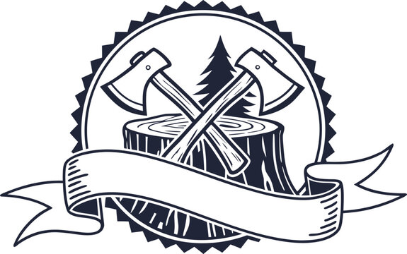 Lumberjack badge illustration featuring crossed axes and tree stump with blank banner lumberjack forestry woodworking
