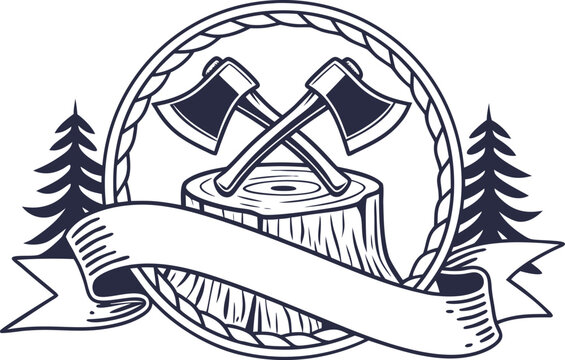Vintage style forestry emblem featuring crossed axes on tree stump with fir trees and blank banner forestry lumberjack