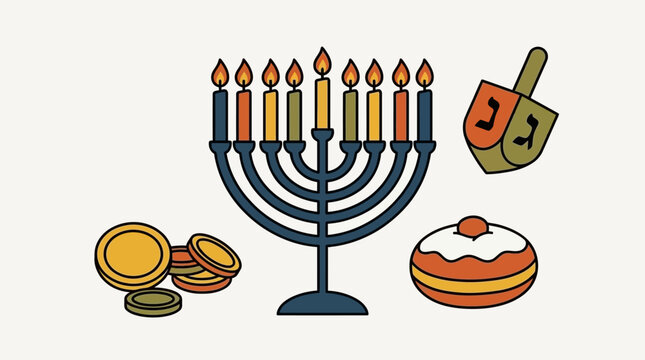 A traditional menorah with a dreidel and festive holiday treats for Hanukkah celebration