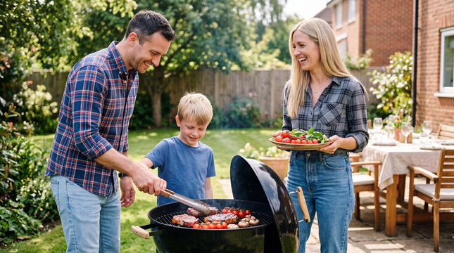 Family enjoys a barbecue in the backyard on a sunny day while cooking and serving food