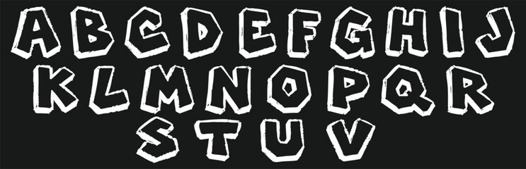 Set of hand-drawn capital letters of the alphabet, stylized as white chalk doodles on a dark blackboard background, vector illustration. © Zbrake Studio