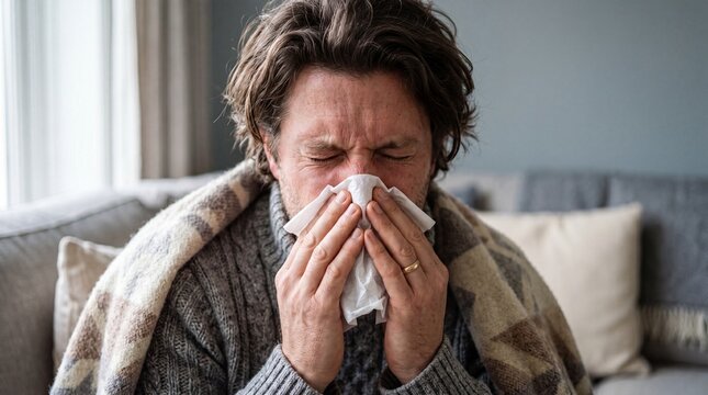 Man sits on a sofa wrapped in a blanket while blowing his nose during cold weather at home
