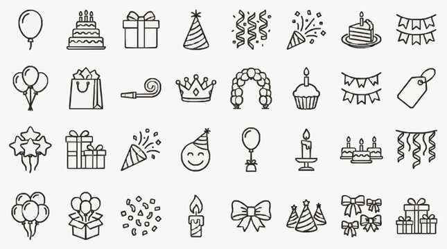 Sleek Black and White Line Art Celebration Icons Set Festive Party Birthday Gift and Holiday Symbols Collection