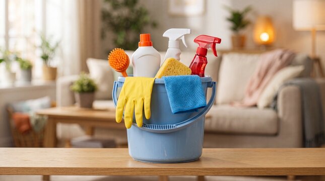 Cleaning supplies arranged in a blue bucket on a wooden table in a living room with soft furniture and plants