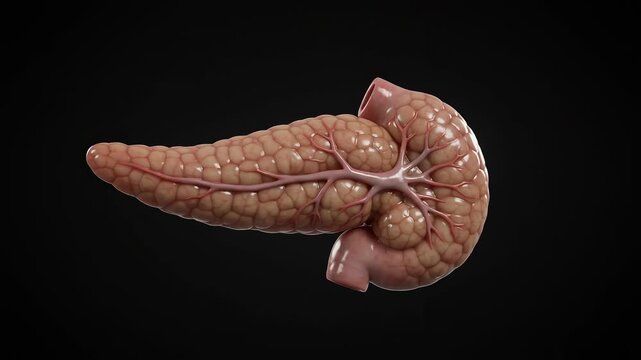 Human pancreas and duodenum rotating medical model on black background