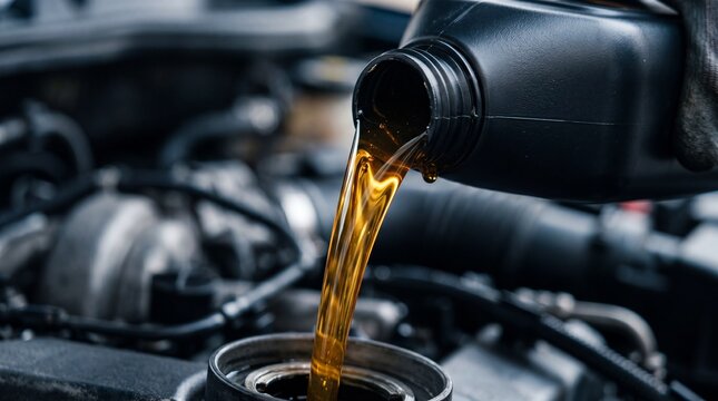 Pouring engine oil into the engine during a vehicle maintenance session at a garage