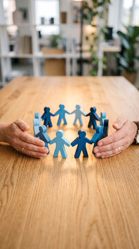 Creative teamwork concept showing hands forming a circle around colorful paper figures in an office setting promoting collaboration and unity