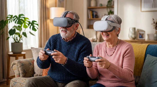 Older couple enjoys virtual reality gaming at home on a sunny afternoon
