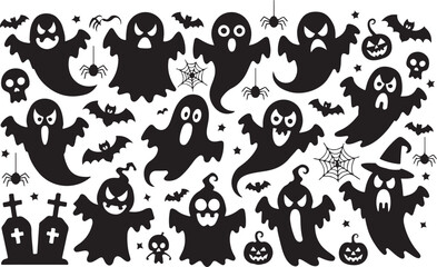 Fototapeta premium Halloween ghost clipart set vector spooky haunted silhouettes skull icons isolated on transparent background