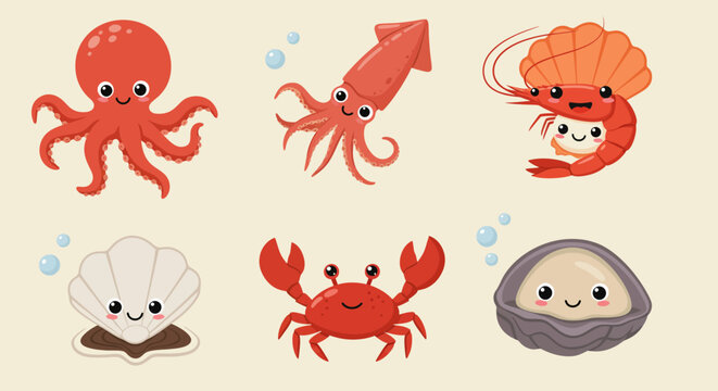 Cartoon seafood sushi characters.