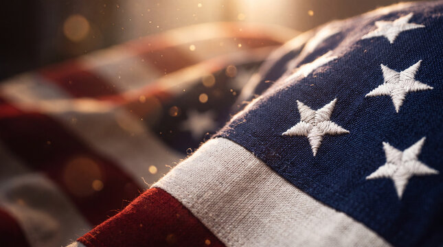 American flag displayed with stars and stripes during sunset at a commemorative event