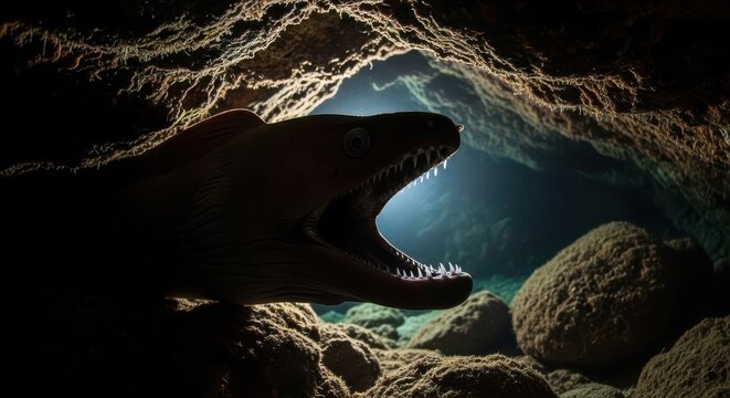 Moray Eel Bares Fangs in Underwater Cave