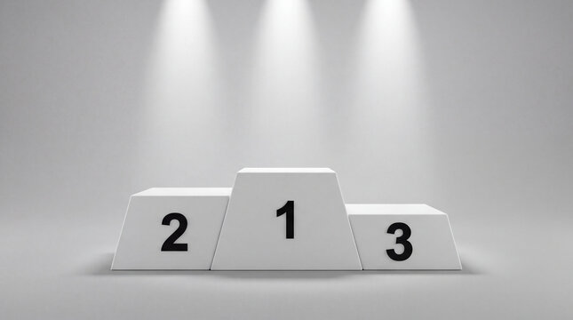 Three-tiered podium with numbers placed under bright lights