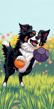 Vector illustration of border collie dog fetching ball playing, fetch, playful
